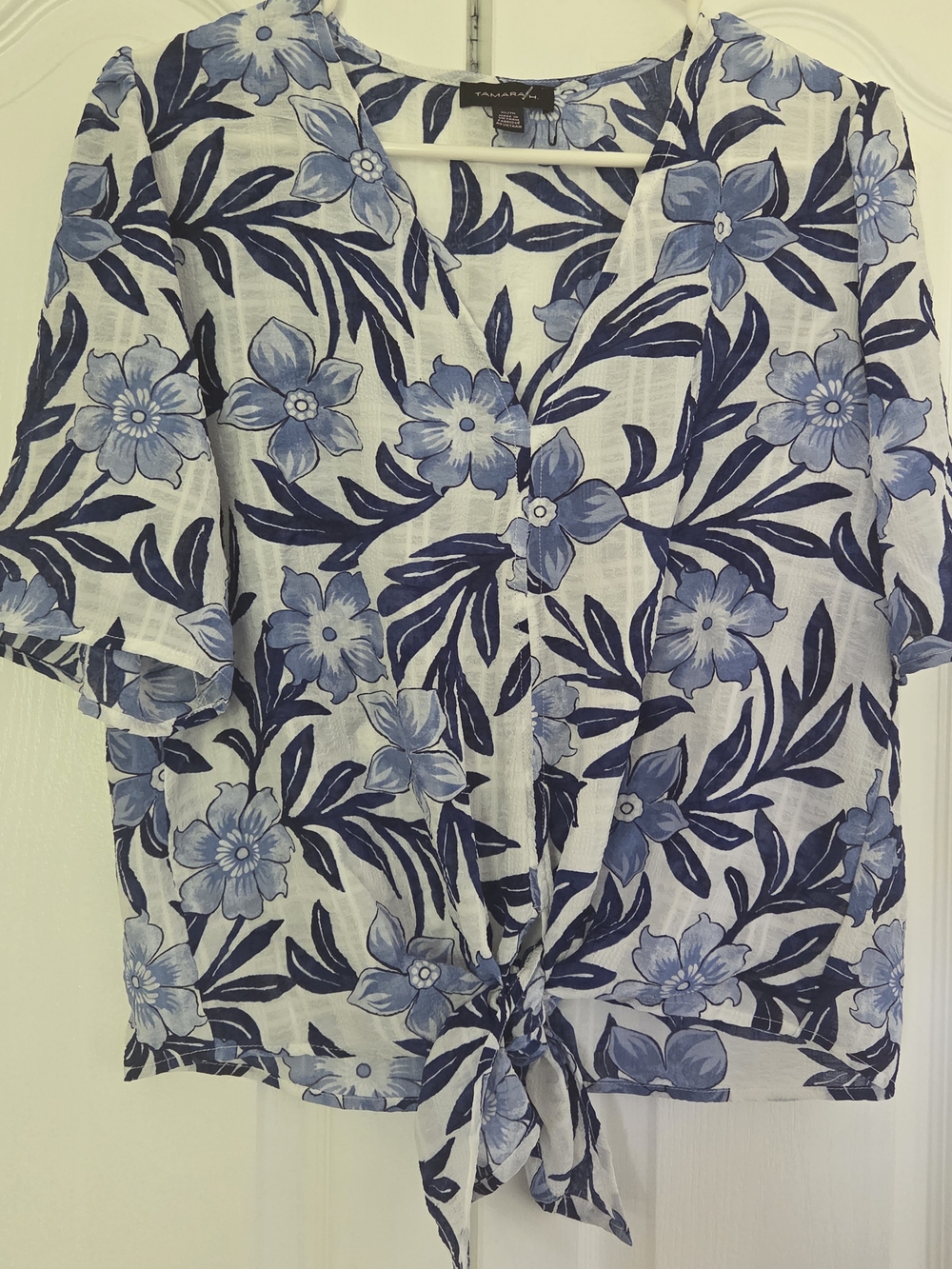 Blue Floral Tie-Front Women’s Polo Blouse by Vanessa